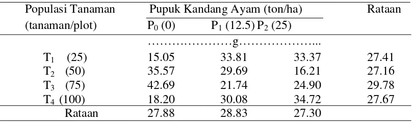 Tabel 6. Bobot kering umbi per sampel tanaman bawang merah pada perlakuan populasi tanaman  dan pemberian pukan ayam
