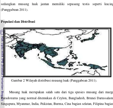Gambar 2 Wilayah distribusi musang luak (Panggabean 2011). 