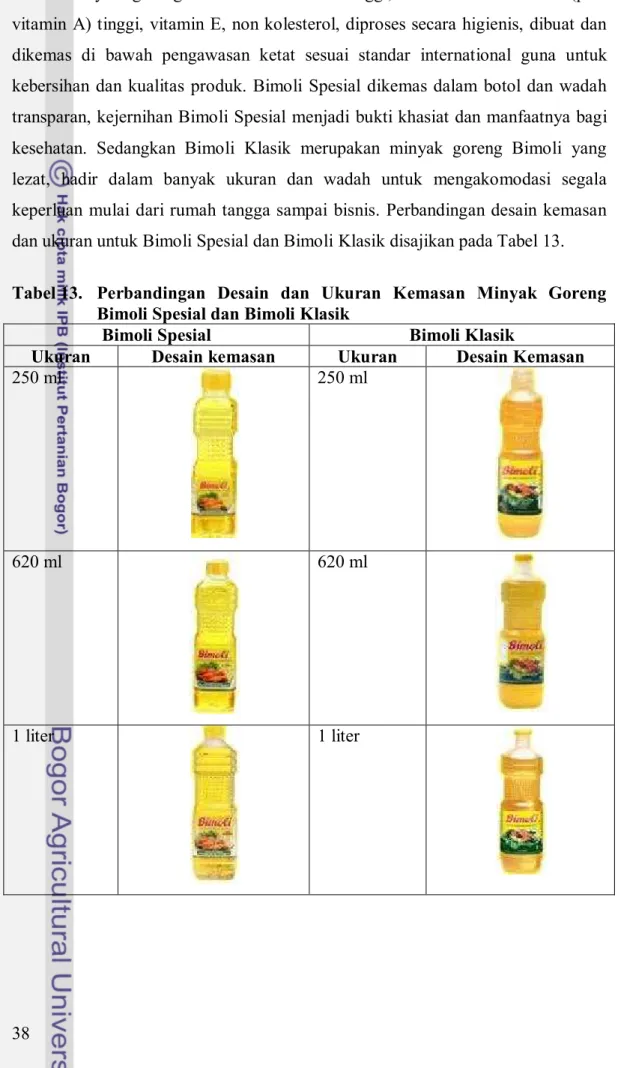 Tabel 13.  Perbandingan  Desain  dan  Ukuran  Kemasan  Minyak  Goreng  Bimoli Spesial dan Bimoli Klasik 