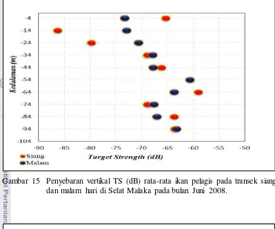 Gambar 16   Penyebaran vertikal TS (dB) rata-rata ikan pelagis di Perairan 