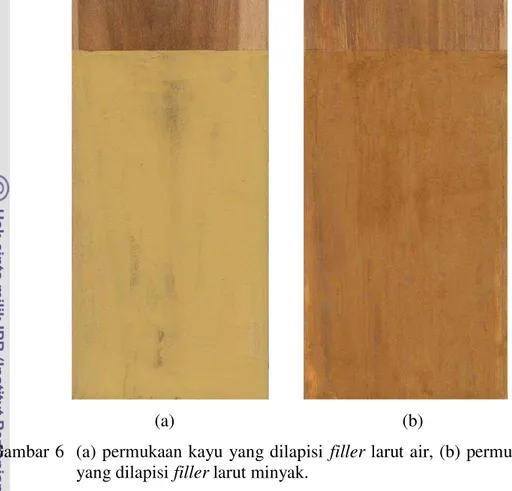 Gambar 6  (a) permukaan kayu  yang dilapisi  filler larut air, (b) permukaan kayu  yang dilapisi filler larut minyak