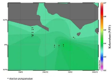 Gambar 9.  Sebaran melintang kekeruhan lapisan termoklin di bagian selatan Selat 