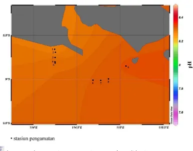 Gambar 19.   Sebaran melintang pH lapisan permukaan di bagian selatan Selat Bali 