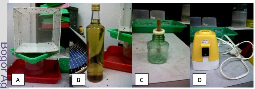 Gambar 5 Alat- alat : (A) Kandang lalat, (B) Asap cair, (C) Botol evaporizer, (D) 