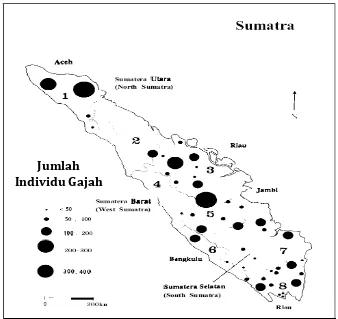Gambar 2.1.  Ukuran relatif sebaran populasi gajah di Pulau Sumatera         (Sumber:  Santiapillai dan Jackson 1990) 