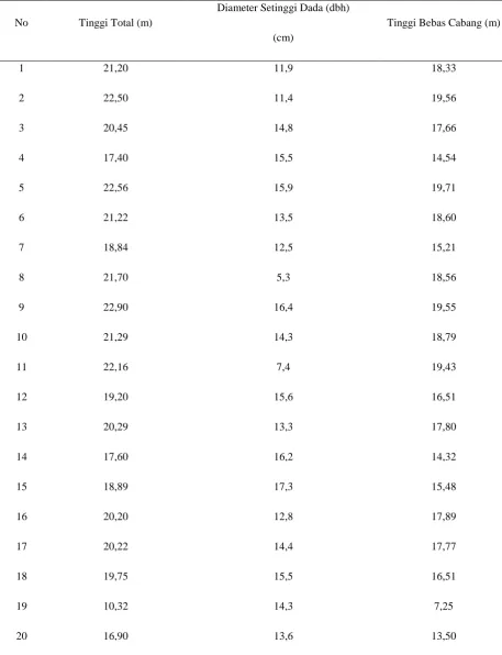 Tabel 5. Tally sheet               Eucalyptus  diameter setinggi dada (dbh), tinggi total dan tinggi bebas cabang  IND 61 umur 5 tahun pada plot III 