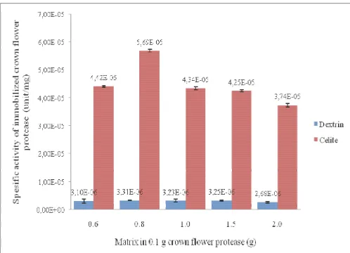 Fig. 4 Protein content (mg/g) of immobilized crown flower protease  (unit/mg) by celite and dextrin 