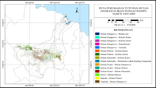 Gambar 7. Peta perubahan tutupan hutan DAS Wampu tahun 1995-2005 