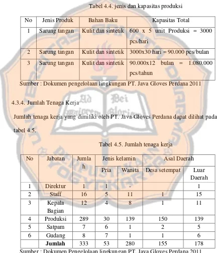 Tabel 4.4. jenis dan kapasitas produksi 