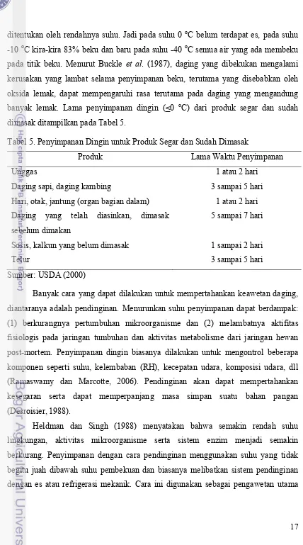 Tabel 5. Penyimpanan Dingin untuk Produk Segar dan Sudah Dimasak     
