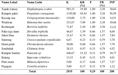 Tabel 4. Indeks Nilai Penting Tumbuhan Bawah Pada Tegakan Pinus. Nama Lokal Nama Latin K KR F 