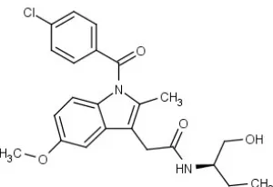 Fig 1. Structure of 2-(1-[(4-chlorophenyl)carbonyl]-5-methoxy-2-methyl-1H-indol-3-yl)-N-[(1R)-1-(hydroxyme-thyl)propyl]acetamide (IMM) [9,15]