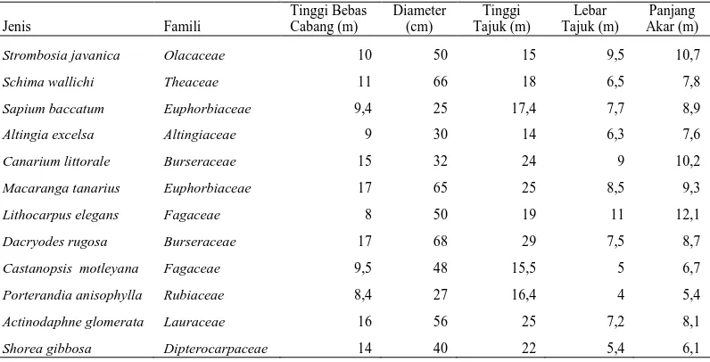Tabel 2. Data 12 Pohon Sampel di Hutan Simpulan Angin 