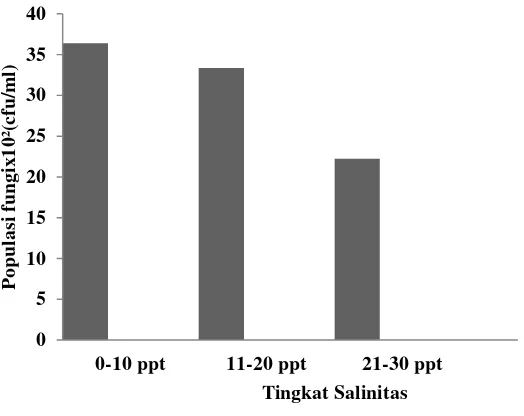 Gambar 7. Populasi fungi yang terdapat pada serasah daun B. cylindrica yang telah mengalami proses dekomposisi pada berbagai tingkat salinitas 