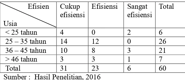 Tabel 4.18  Observasi Antara Usia Dan efisiensi              Efisien Cukup Efisiensi Sangat 