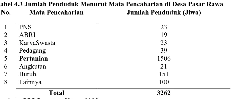 Tabel 4.3 Jumlah Penduduk Menurut Mata Pencaharian di Desa Pasar Rawa No. Mata Pencaharian Jumlah Penduduk (Jiwa) 
