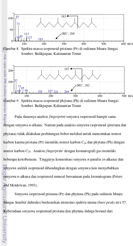 Gambar 8.  Spektra massa isoprenoid pristana (Pr) di sedimen Muara Sungai  