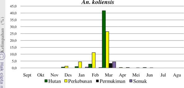 Gambar  5  Kelimpahan (%) An.  koliensis  pada empat jenis ekosistem di Desa  Saketa, Kabupaten Halmahera Selatan dari September 2010 sampai  Agustus 2011 