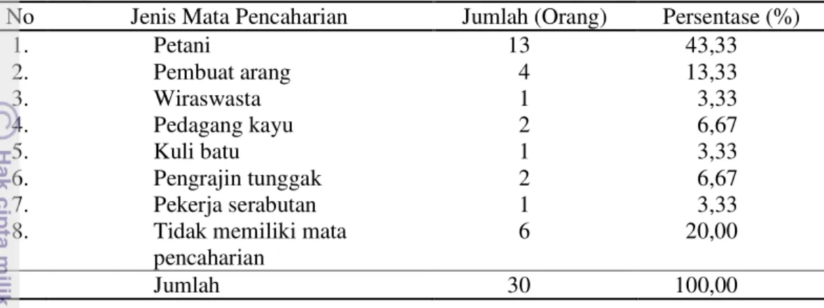 Tabel 12  Klasifikasi responden LMDH Wana Tani Makmur berdasarkan mata                pencaharian 