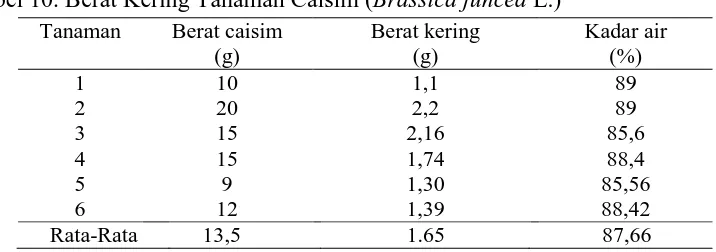 Tabel 10. Berat Kering Tanaman Caisim (Brassica juncea L.)  Tanaman Berat caisim Berat kering  