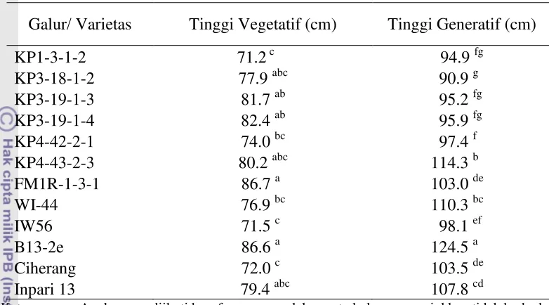 Tabel 2. Hasil uji lanjut DMRT pada tinggi tanaman (cm) pada fase vegetatif dan fase generatif 