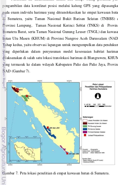 Gambar 7. Peta lokasi penelitian di empat kawasan hutan di Sumatera. 