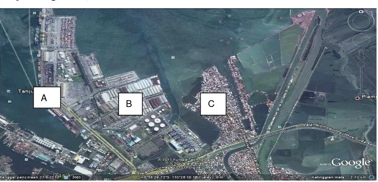 Gambar 1. Peta lokasi pelabuhan Tanjung Emas Semarang.  A. Pelabuhan Tanjung Emas, B. Area Industri, C