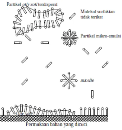 Gambar 5. Mekanisme pembersihan oleh surfaktan (Hargreaves, 2003). 