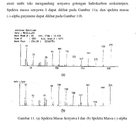 Gambar 11. (a) Spektra Massa Senyawa I dan (b) Spektra Massa (-)-alpha  