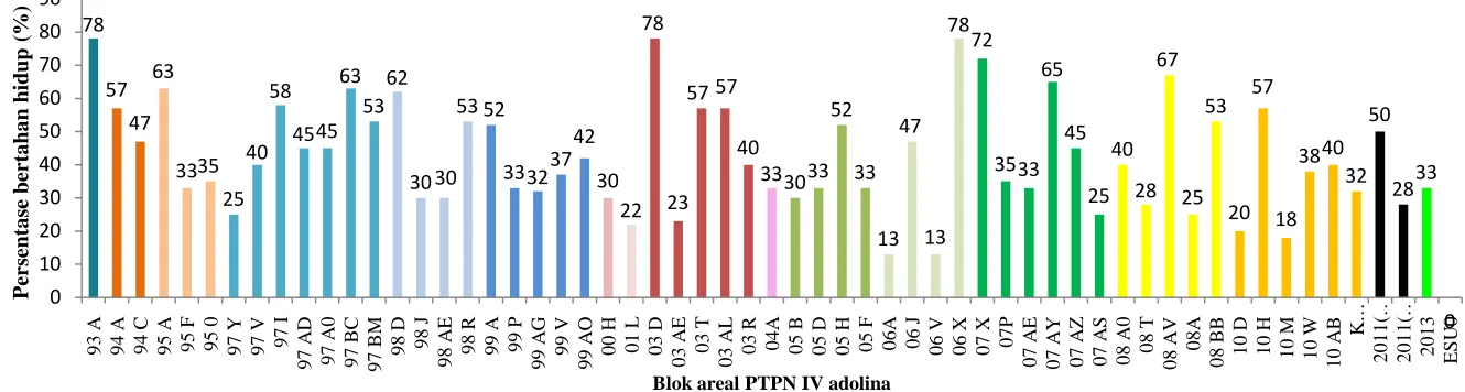 Gambar 2. Persentase gulma bertahan hidup rumput belulang 3 MSA parakuat (300 g b.a/ha ) padapopulasi 58 blok kebun Adolina dan        populasi sensitif  