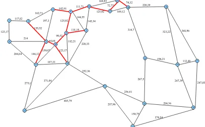 Gambar 4. 44 Langkah Ke - 11 Pencarian Minimum Spanning Tree dengan Algoritma Prim’s pada Graf G (24,43) 