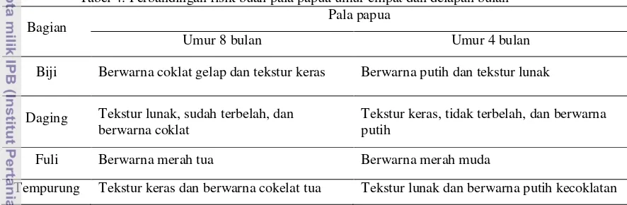 Tabel 4. Perbandingan fisik buah pala papua umur empat dan delapan bulan 