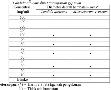 Tabel 4. Hasil Pengukuran Diameter Daerah Hambatan Pertumbuhan Jamur  Candida albicans dan Microsporum gypseum 