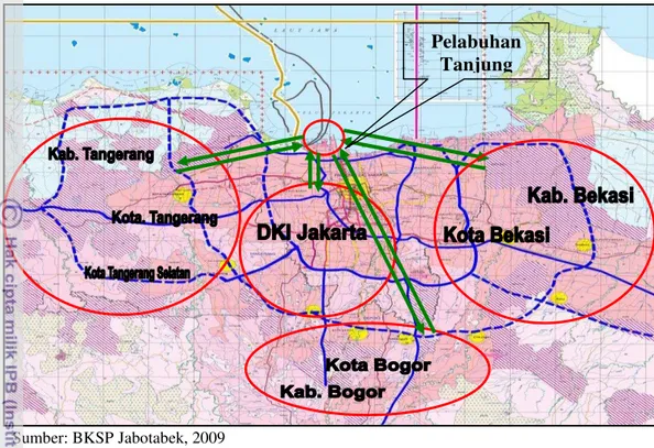 Gambar 10  Peta Lokasi Penelitian Daerah Belakang Utama Pelabuhan Tanjung  Priok (Wilayah Jabotabek), 2009 