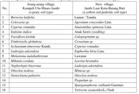 Table 1.  Species of plants found under oil palm plantations in two different soil types 
