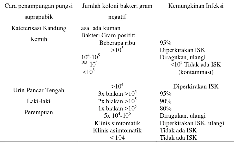 Tabel 2.2  Interpretasi Hasil Biakan Urin (Andriani Rini, 2010). 