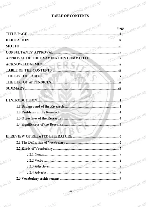 TABLE OF THE CONTENTS ..........................................................................viihttp://digilib.unej.ac.id/THE LIST OF TABLES ......................................................................................xTHE LIST OF APPENDICES.............................................................................xi