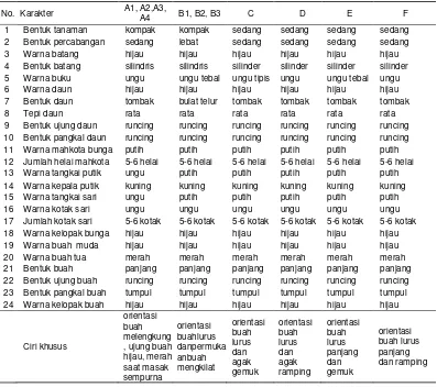 Tabel 1.  Karakter Kualitatif Kultivar Uji A1, A2, A3, A4, B1, B2, B3, C, D, 