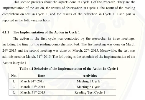 Table 4.1 Schedule of the Implementation of the Action in Cycle 1