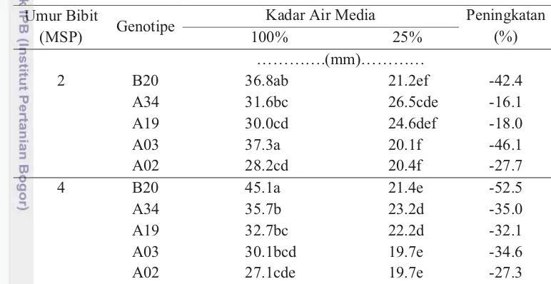 Tabel 6. Pengaruh Kadar Air Media dan Genotipe terhadap Ukuran Petiole 