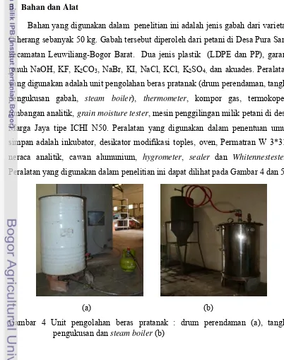 Gambar 4 Unit pengolahan beras pratanak : drum perendaman (a), tangki 