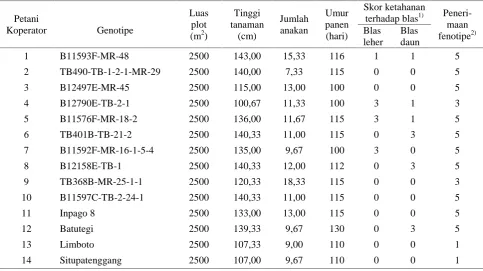 Tabel 2. Penampilan agronomi dan ketahanan terhadap penyakit blas genotipe padi gogo di 14 petanikoperator di Cianjur Jawa Barat pada MH 2012-2013