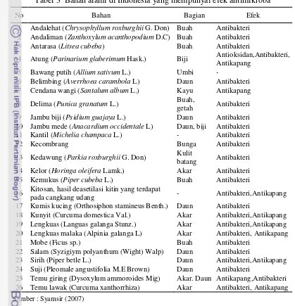 Tabel 3  Bahan alami di Indonesia yang mempunyai efek antimikroba 