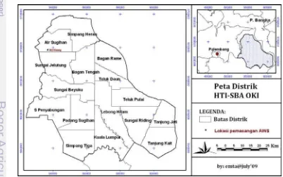 Gambar 1.  Peta lokasi HTI-SBAWI di Kabupaten OKI, Sumatera Selatan.  