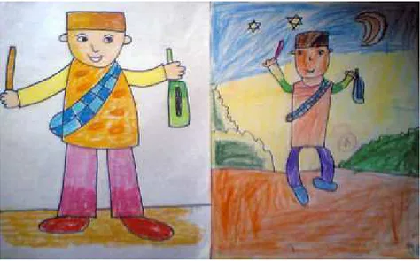Gambar 2. Lukisan contoh guru (kiri) dan lukisan, Ikhsan, B2, TK ABA Pantisiwi Serut  (kanan) 