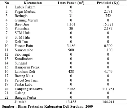 Tabel 2.  Luas Panen dan Produksi Bunga Per Kecamatan di Kabupaten Deli Serdang Tahun 2009 No Kecamatan Luas Panen (m2) Produksi (Kg) 