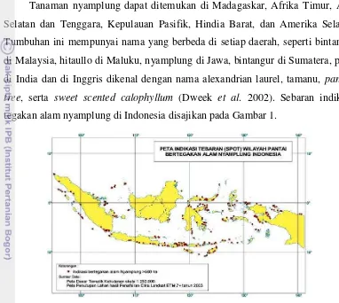 Gambar 1 Peta sebaran indikatif tegakan alam nyamplung di Indonesia 
