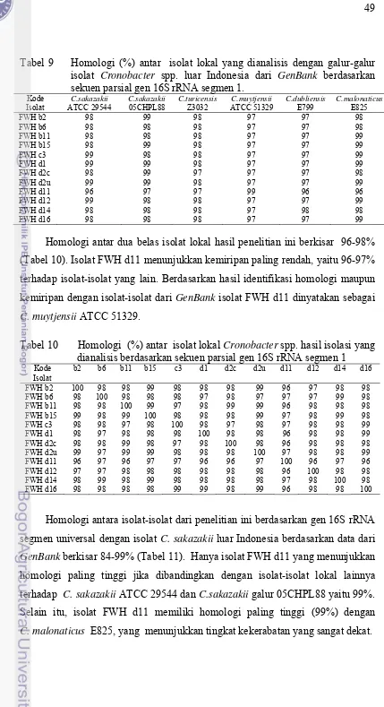 Tabel 10       Homologi  (%) antar  isolat lokal Cronobacter spp. hasil isolasi yang 