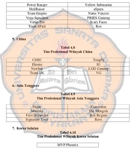 Tabel 4.8 Tim Profesional Wilayah China 