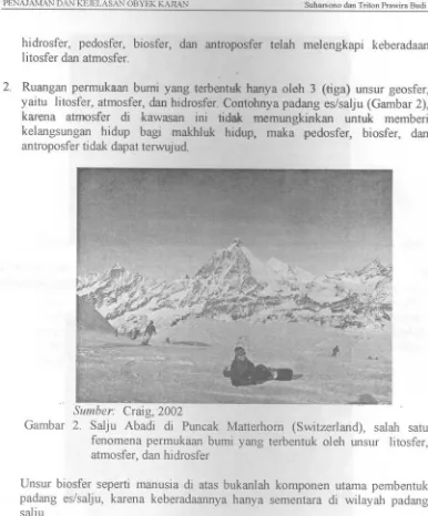 Gambar 2. Salju Abadi di Puncak Matterhorn (Switzerland), salah satufenomena permukaan bumi yang terbentuk oleh unsur litosfer,atmosfer,dan hidrosfer